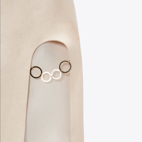 New Zara Midi Skirt 100% Linen Gold Detail - Picture 2 of 16